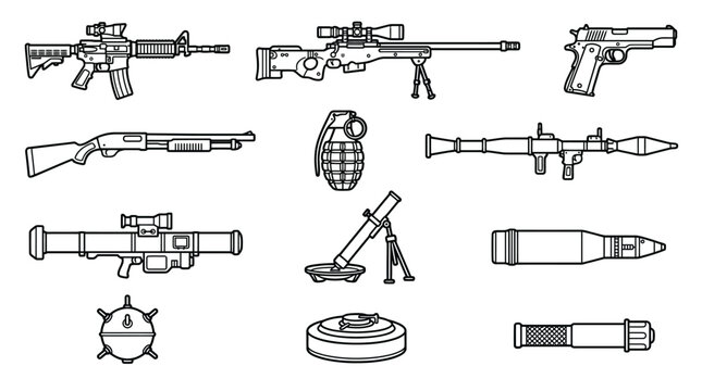 Set of military weapon icons including firearms and explosives.