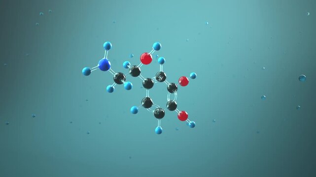 Norepinephrine (Noradrenaline) molecule 3D 4k animation in liquid environment. Endless loop, ProRes 4444.