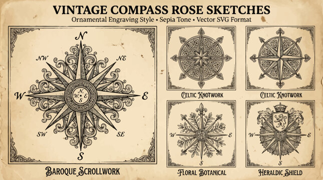 Vintage Compass Rose Sketches and Ornamental Navigation Symbols.