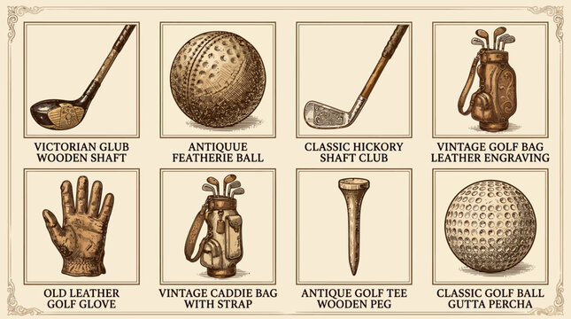 Vintage golf equipment collection set featuring antique clubs balls and accessories.
