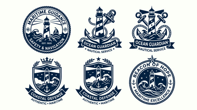 Vintage nautical lighthouse logo emblems and badges set.