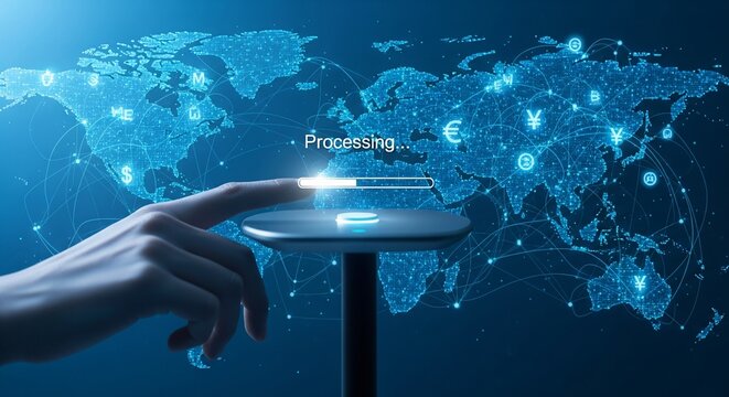 Global Network Processing Technology Hand Touching Futuristic Interface with World Map and Currency Symbols, Digital Transformation Concept