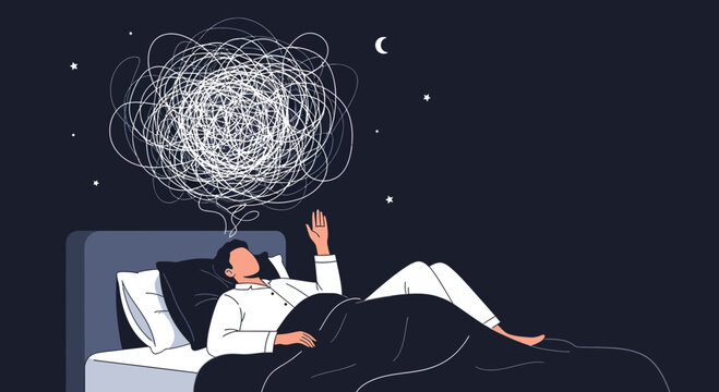 Man awake in bed with chaotic thoughts swirling above head at night
