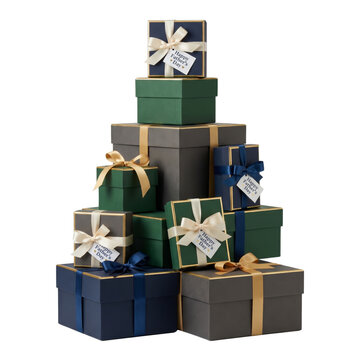 Elegant Stack of Colorful Gift Boxes with Ribbons and Greeting Tags for Special Occasions