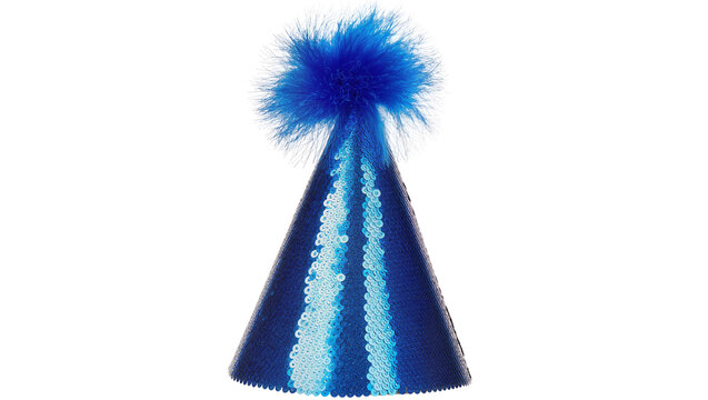 Blue sequined party hat with fluffy pom-pom