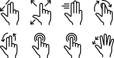 Fototapeta premium Touchscreen hand gestures vector icon set linear outline swipe tap zoom click pinch multi touch isolated on white