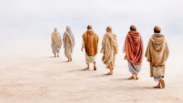 Watercolor painting of disciples walking with figure in robes along a wide desert landscape