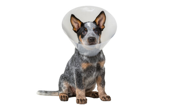 Australian Cattle Dog puppy wearing a veterinary cone collar