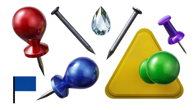 Collection of colorful push pins nails, and geometric shapes