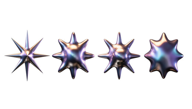 Four metallic starburst shapes with iridescent sheen