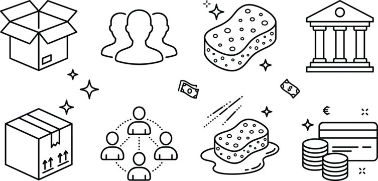 Business logistics and banking vector icon set linear outline box team network sponge finance elements isolated on white