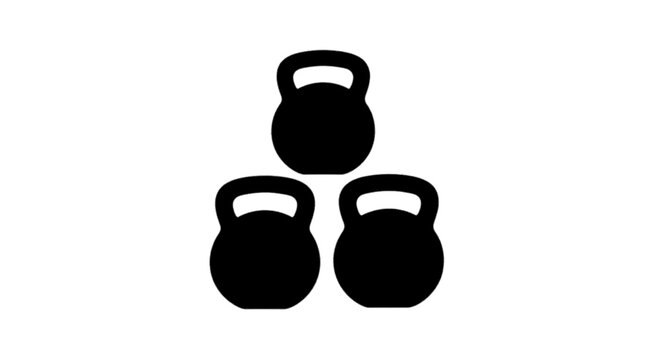 Minimal black silhouette icon, simple flat vector, bold black shape, no, no shading three black kettlebell icons arranged in a pyramid shape on a, flat icon style