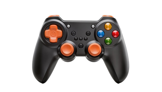 Black video game controller with orange accents and colorful buttons