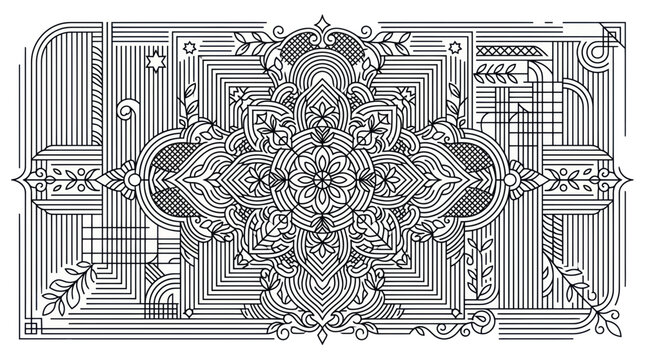 Complex geometric mandala line art with floral and astral motifs