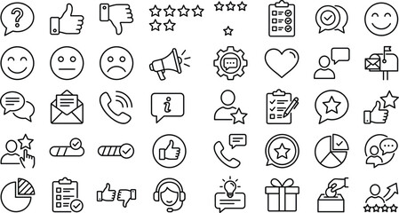 Naklejka premium Customer feedback icon set vector linear outline rating thumbs up satisfaction review survey test elements isolated on white