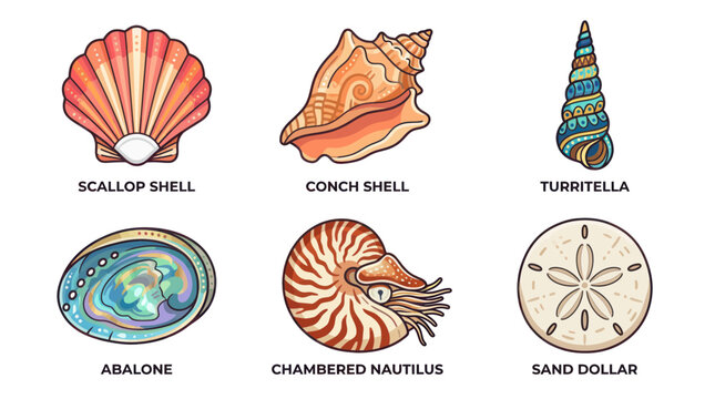 Collection of colorful sea shells and marine creatures