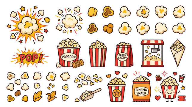 Cinema popcorn collection with various buckets bags and kernels