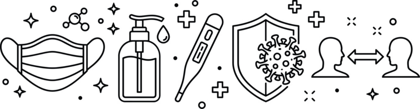 Medical protection icon set vector linear outline face mask sanitizer thermometer virus shield social distancing isolated on white