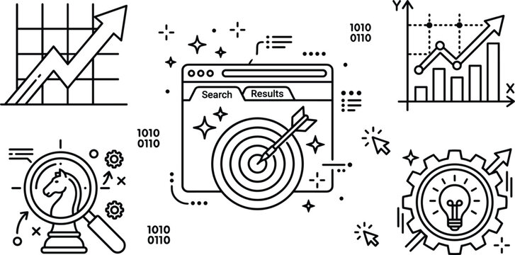 SEO strategy icon set vector linear outline business marketing chart magnifying glass chess horse dart target isolated on white
