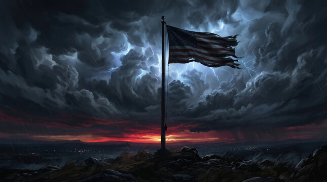 Tattered american flag waving on a pole against a dark stormy sky with lightning generated using ai