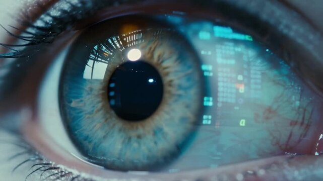 Extreme close up of human eye reflecting digital code. Cybernetic vision and artificial intelligence concept. Futuristic biometric scan and virtual reality data