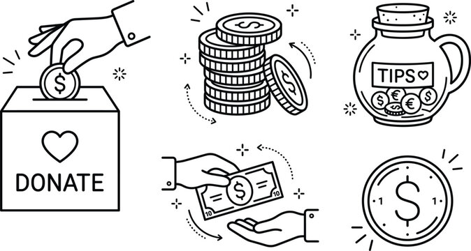 Money donation icon set vector linear outline charity box tips jar cash payment transaction elements isolated on white