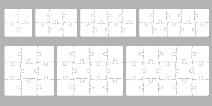 Collection of blank jigsaw puzzle templates in multiple rectangle sizes arranged in rows clean white outline design for game interface infographic layouts picture frames and modular grids