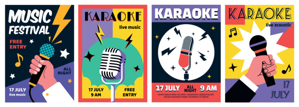 Karaoke microphone posters. Sing open mic flyer, night club music party poster vintage retro fun design concert stage song festival vocal event set qualitative vector illustration