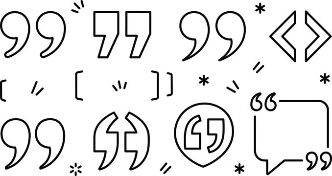 Vector quotation marks collection black outline quote text bubbles brackets dialogue speech and punctuation elements isolated on white