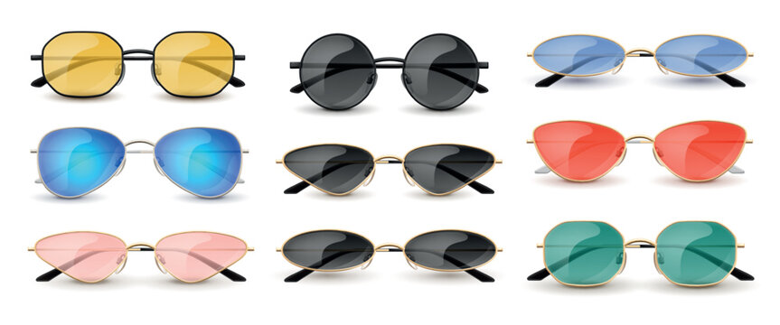 Realistic retro sunglasses. Vintage matrix sun glasses, trendy stylish narrow round triangle colorful lens cool eyewear hipster 90s look, 3d sunglasses garish vector illustration
