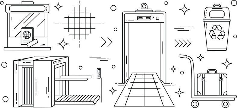 Airport security checkpoint and travel icon set with metal detector scanner luggage passport control counter outline vector illustration