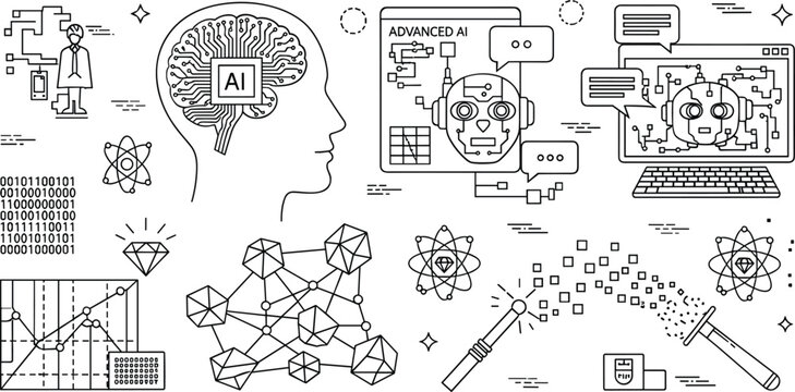 Advanced artificial intelligence and machine learning icon set with digital brain robot chatbot data network linear outline vector