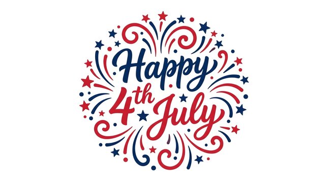 Happy 4th of july lettering with fireworks isolated on white background