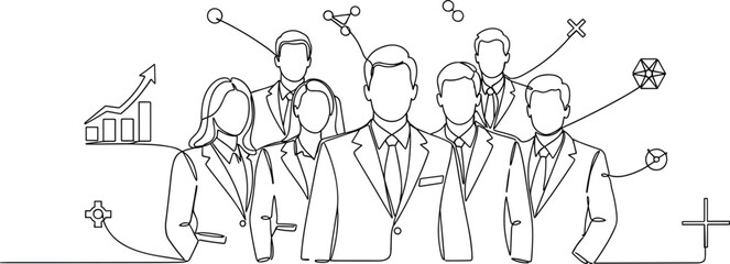 Obraz premium Continuous line drawing of successful corporate business team group standing together with financial growth bar chart vector illustration