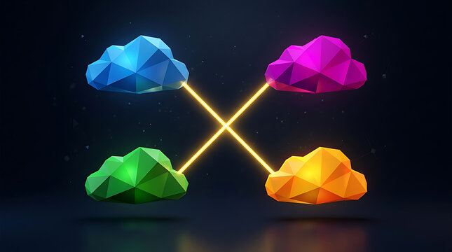 Polygonal clouds connected by glowing lines against a dark speckled backdrop