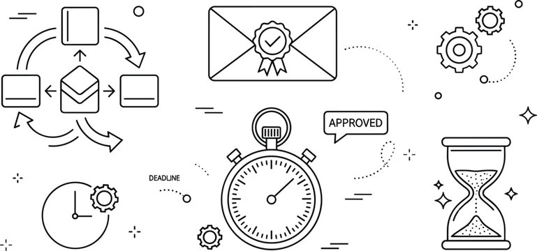 Business time management and project approval icon set with stopwatch hourglass gears workflow diagram flat outline vector