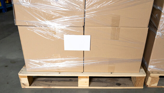 Shrink-wrapped cardboard boxes with blank label on a wooden pallet, logistics and shipping warehouse concept, mockup, organized cargo stacks.