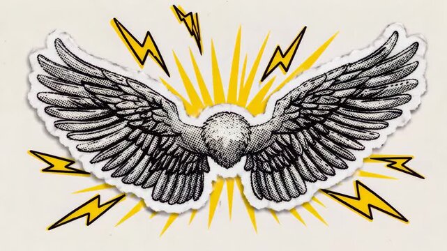 Pop Art Halftone Angel Wings Illustration, Freedom and Spiritual Symbol with Retro Torn Paper Collage Style, Video