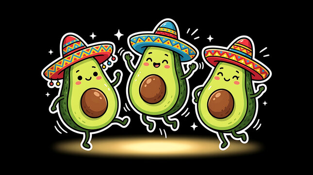 Dancing avocado characters wearing sombreros a colorful cartoon illustration avocados fruit