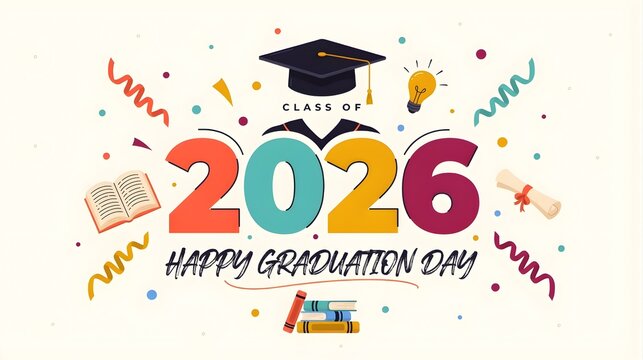 Graduation cap and book with class of 2026 colorful numbers