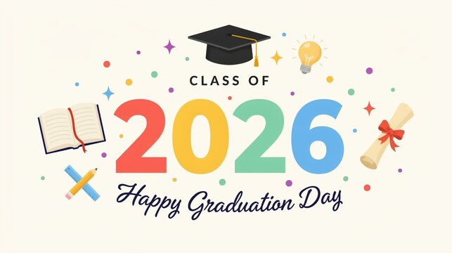 Graduation cap and class of 2026 with happy celebration message