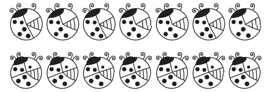 Cute cartoon ladybug pattern with spots and swirls on transparent background