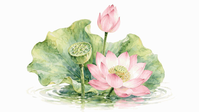 Lotus buds and blooming lotuses Pink lotus isolated watercolor vector illustration svg