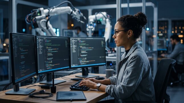 Female Engineer Working on Robotics and Automation at High-Tech Workstation: Scientific Research in AI and Machine Learning Development 
