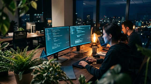 A AI startup team viewed from above develops softly bright software in a calm modern office analyzing system performance during QA testing in soft daylight startup