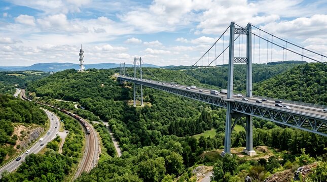 Suspension bridge Neckarline over Neckar river and TK Elevator Test Tower in Rottweil, Germany 

