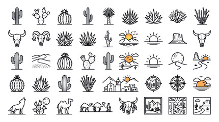 desert icons set, cactus, animal, sun © edur