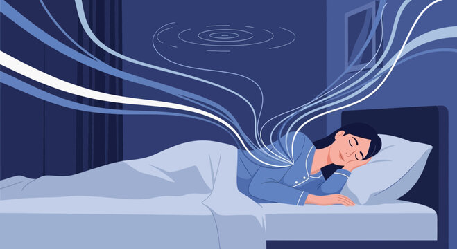 Woman sleeping peacefully, brain waves emanating, symbolizing dreams, relaxation, and mental well-being