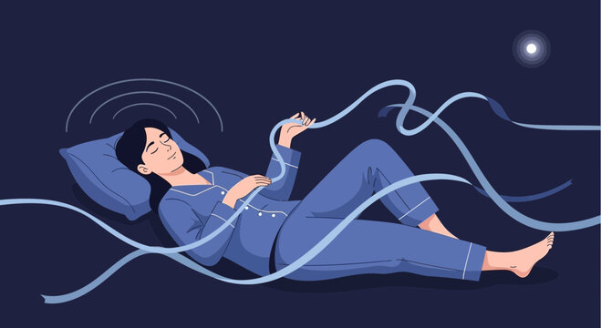 Woman sleeping with phone, receiving digital signals, connected to technology at night