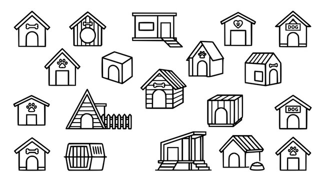 Dog house collection line art vector illustration for pet supplies and services